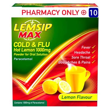LEMSIP MAX COLD & FLU HOT LEMON 1000MG 10S