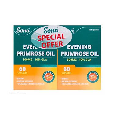 SONA EVENING PRIMROSE OIL 500MG 10% GLA  TWIN PACK  2 X 60'S